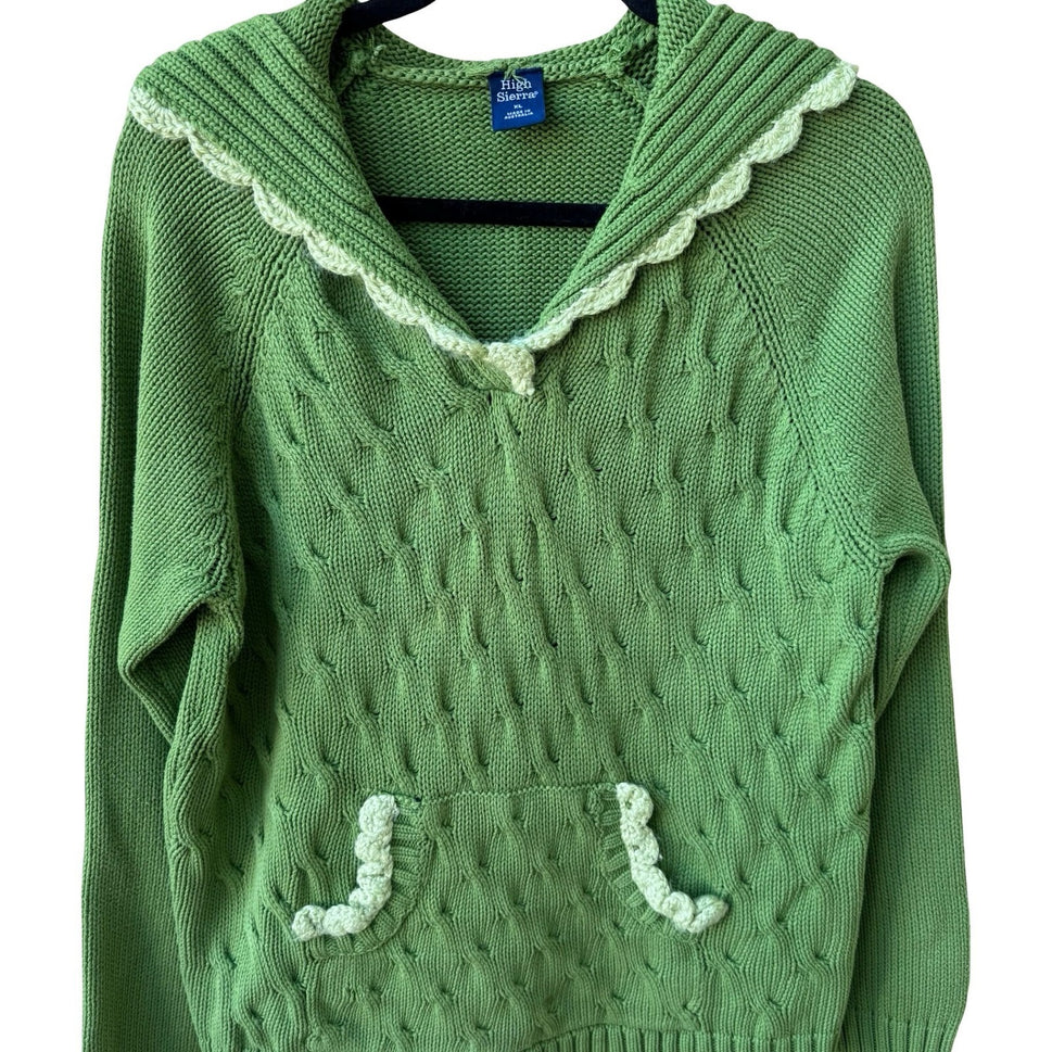 High Sierra Cottagecore Cable Knit Crochet Trim Cotton Hoodie Sweater Green XL