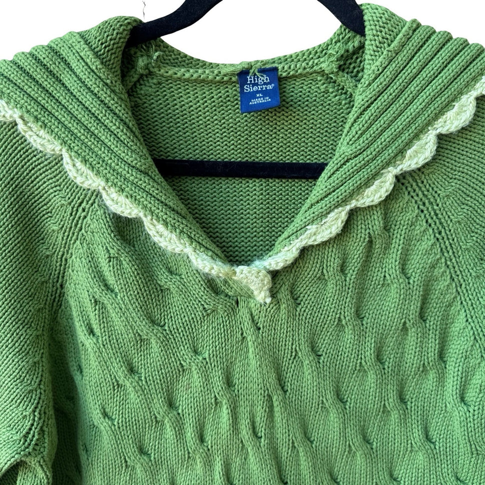 High Sierra Cottagecore Cable Knit Crochet Trim Cotton Hoodie Sweater Green XL