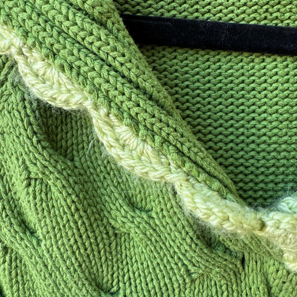 High Sierra Cottagecore Cable Knit Crochet Trim Cotton Hoodie Sweater Green XL