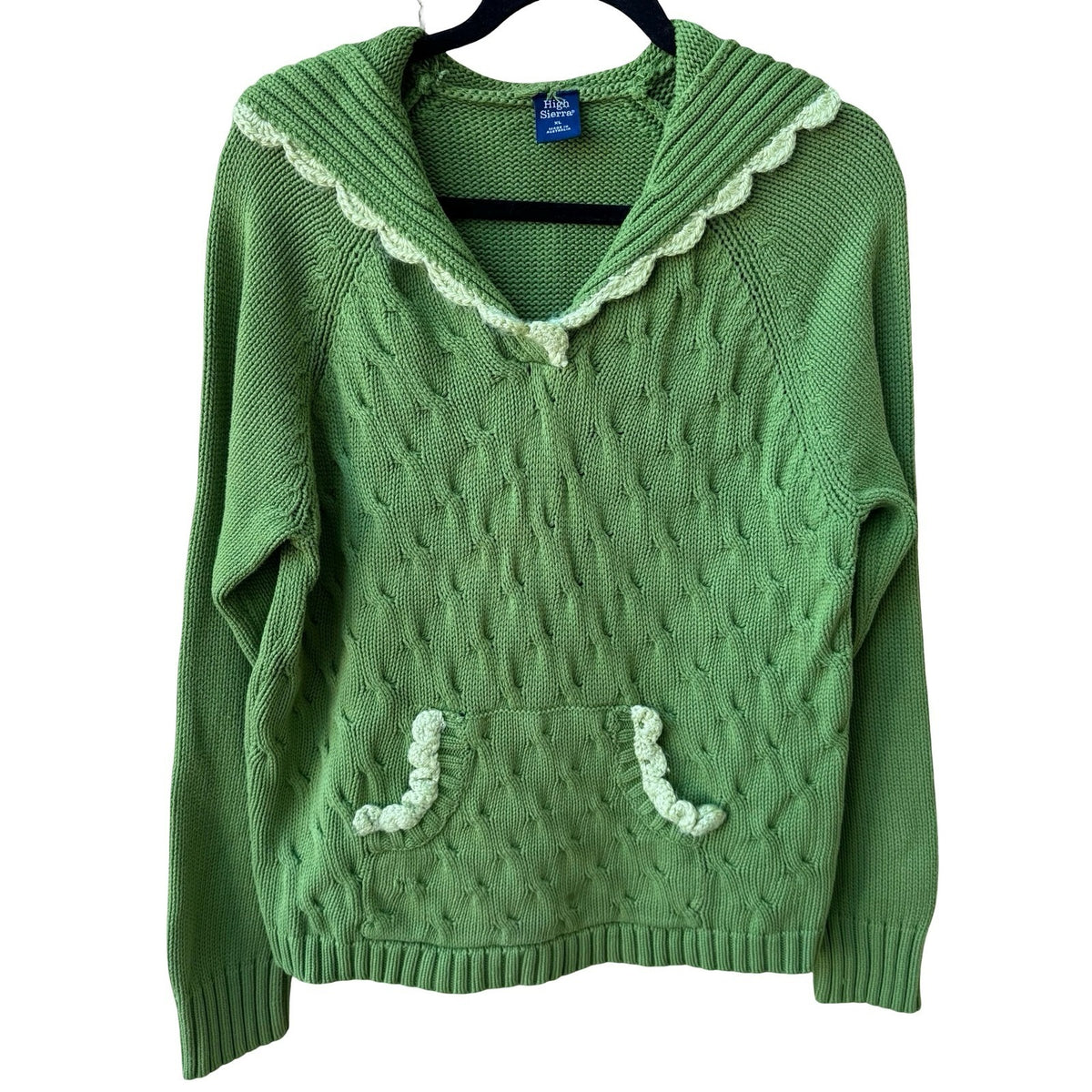 High Sierra Cottagecore Cable Knit Crochet Trim Cotton Hoodie Sweater Green XL