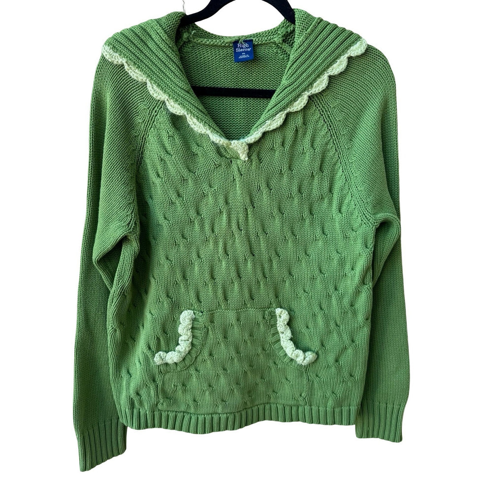 High Sierra Cottagecore Cable Knit Crochet Trim Cotton Hoodie Sweater Green XL