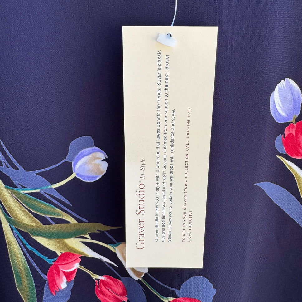 Graver Studio Womens Navy Floral Print 3/4 Sleeve Stretch Tunic Top Blouse New S