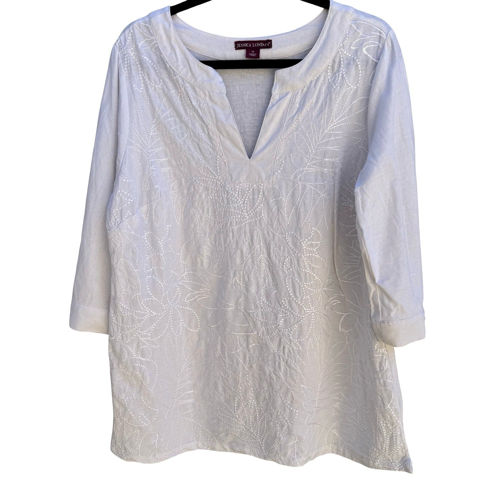 Jessica London Linen Blend Coastal Resortwear Floral Embroidered Tunic Top 14