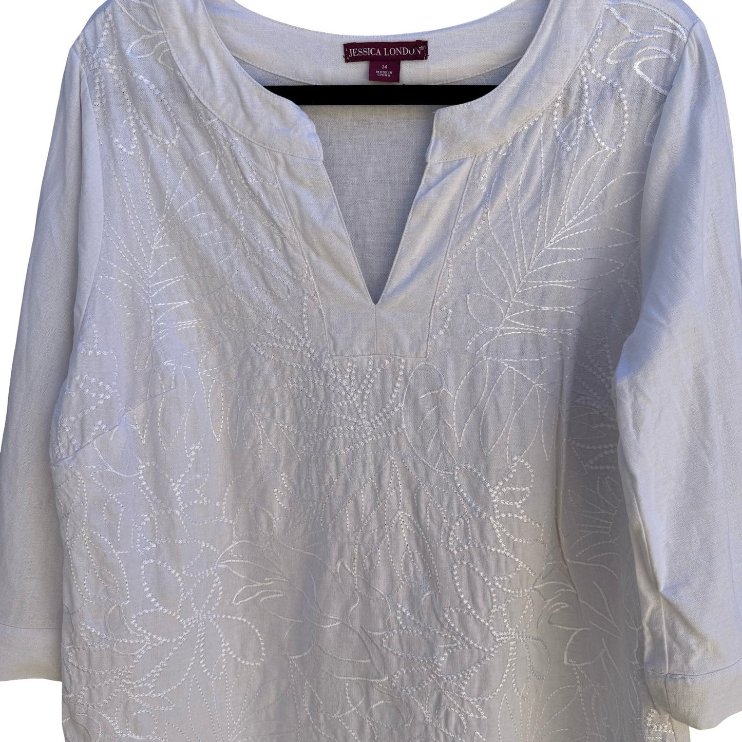 Jessica London Linen Blend Coastal Resortwear Floral Embroidered Tunic Top 14