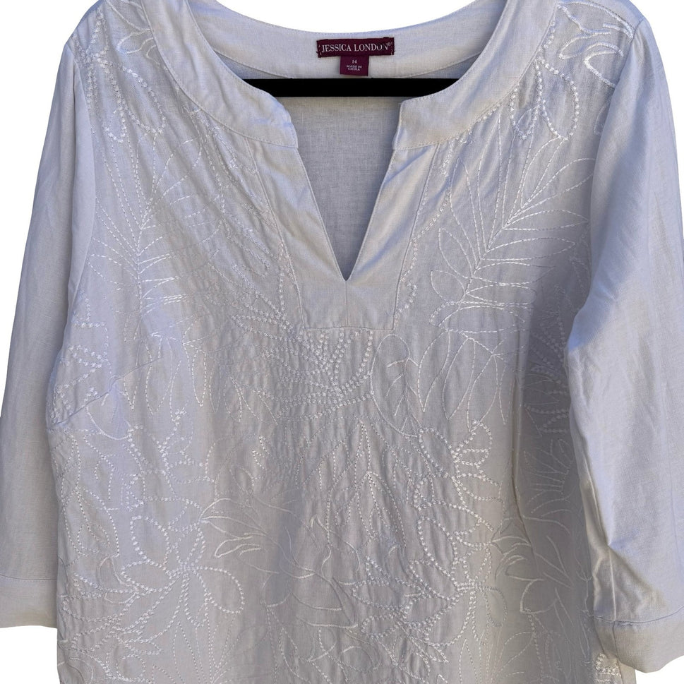 Jessica London Linen Blend Coastal Resortwear Floral Embroidered Tunic Top 14