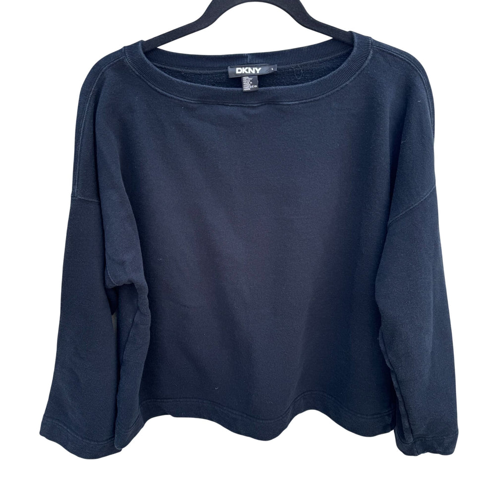 DKNY Black 3/4 Sleeve Boat Neck Sweatshirt Womens L French Terry Minimalist