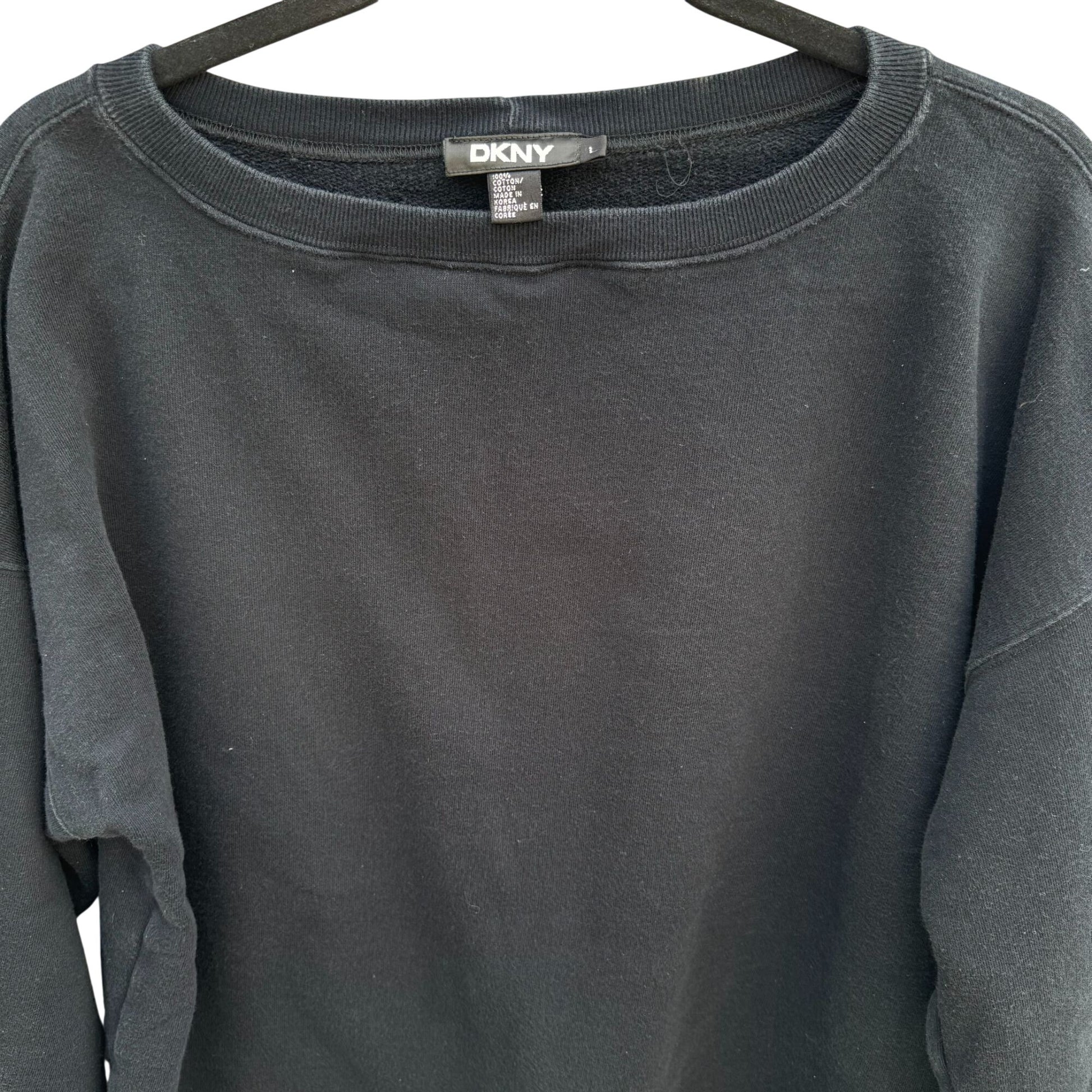 DKNY Black 3/4 Sleeve Boat Neck Sweatshirt Womens L French Terry Minimalist