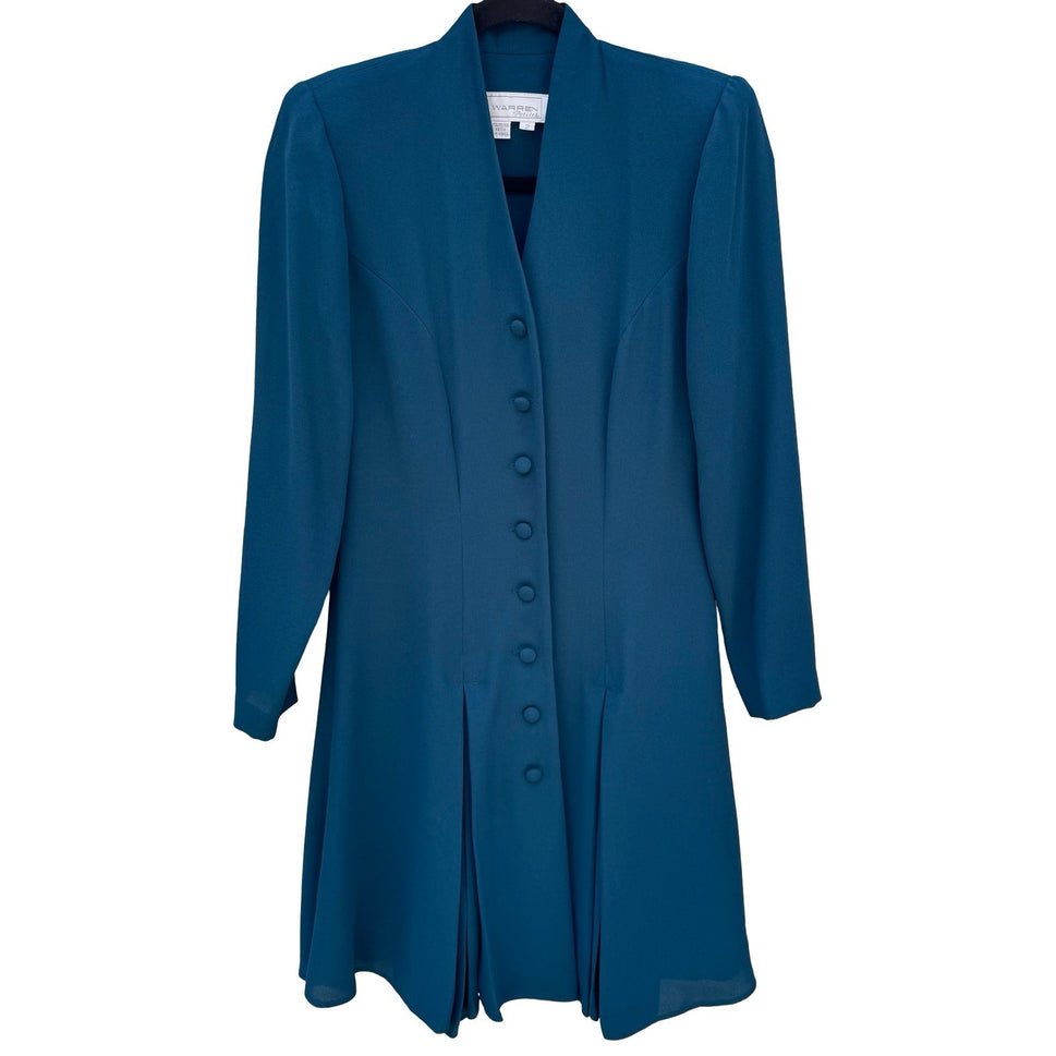 Warren Petites Vintage Teal Blue Button Front Pleated Long Sleeve Dress Size 2