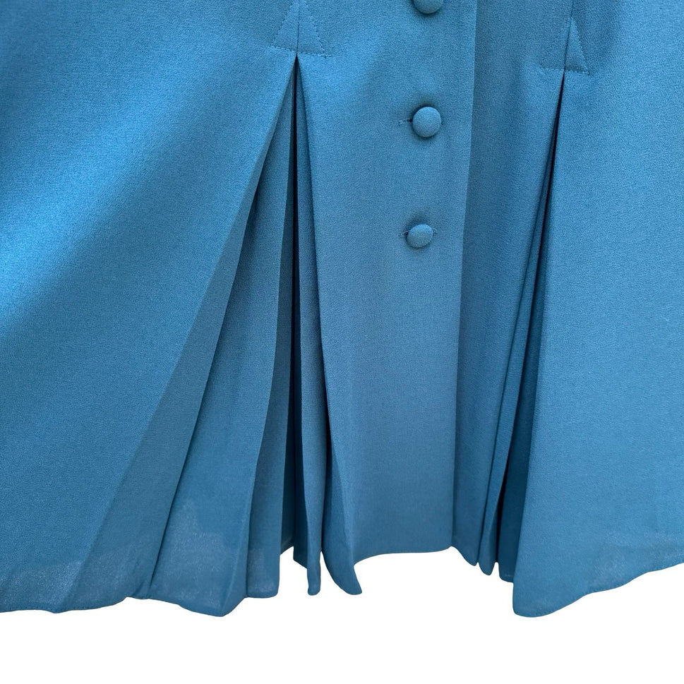Warren Petites Vintage Teal Blue Button Front Pleated Long Sleeve Dress Size 2