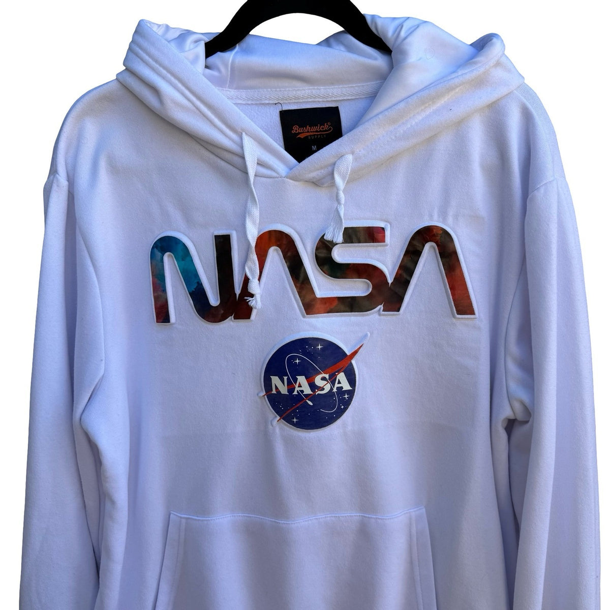 Bushwick Supply NASA Galaxy Puff Print Graphic Hoodie Streetwear White Mens M