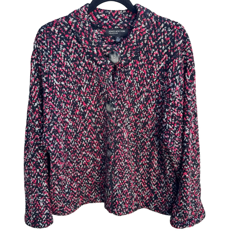 Jones New York Collection Pink Black Marled Boucle Button Front Cardigan Size M