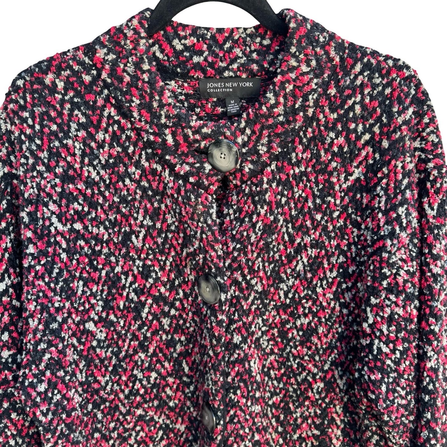 Jones New York Collection Pink Black Marled Boucle Button Front Cardigan Size M