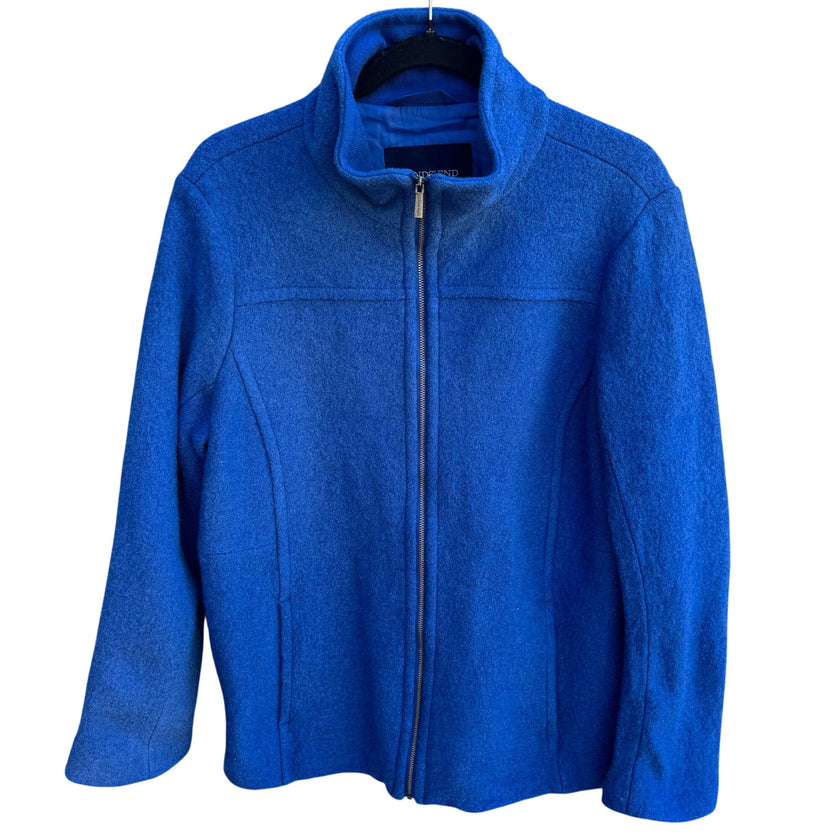 Lands End Womens Blue Boiled Wool Blend Full-Zip Jacket 16 High Collar Winter
