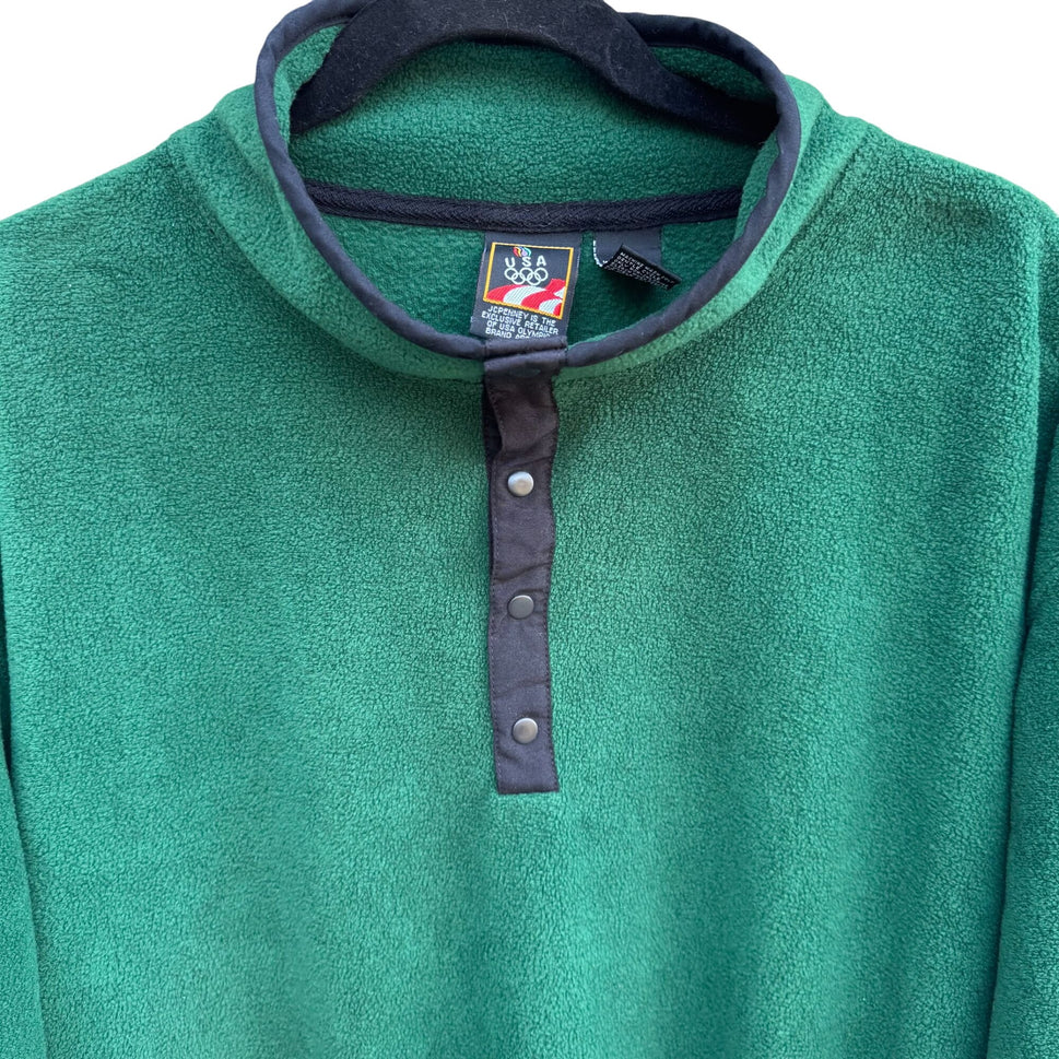 USA Olympics JC Penney Unisex Green High Collar 1/4 Button Fleece Pullover L/G