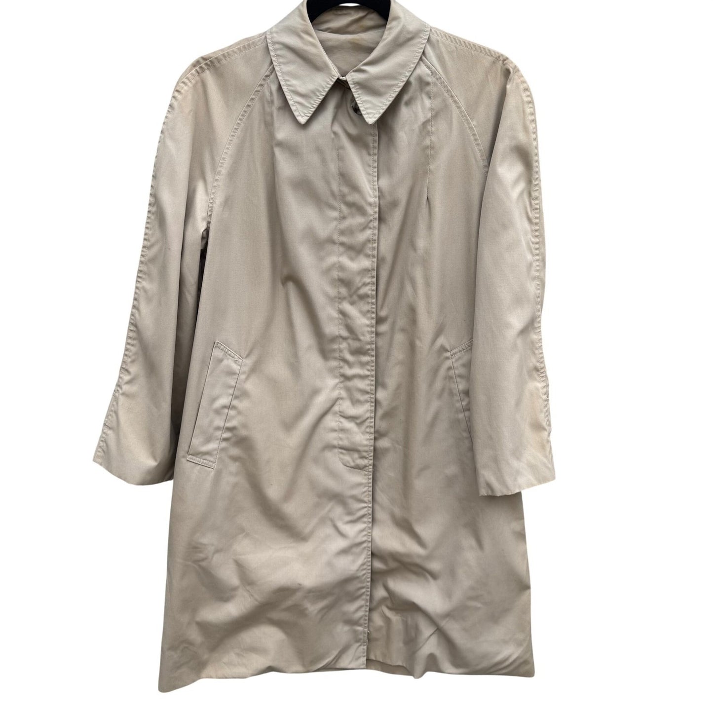 Vintage Khaki Trench Coat Mens Overcoat Hidden Button Striped Lining Mid Length