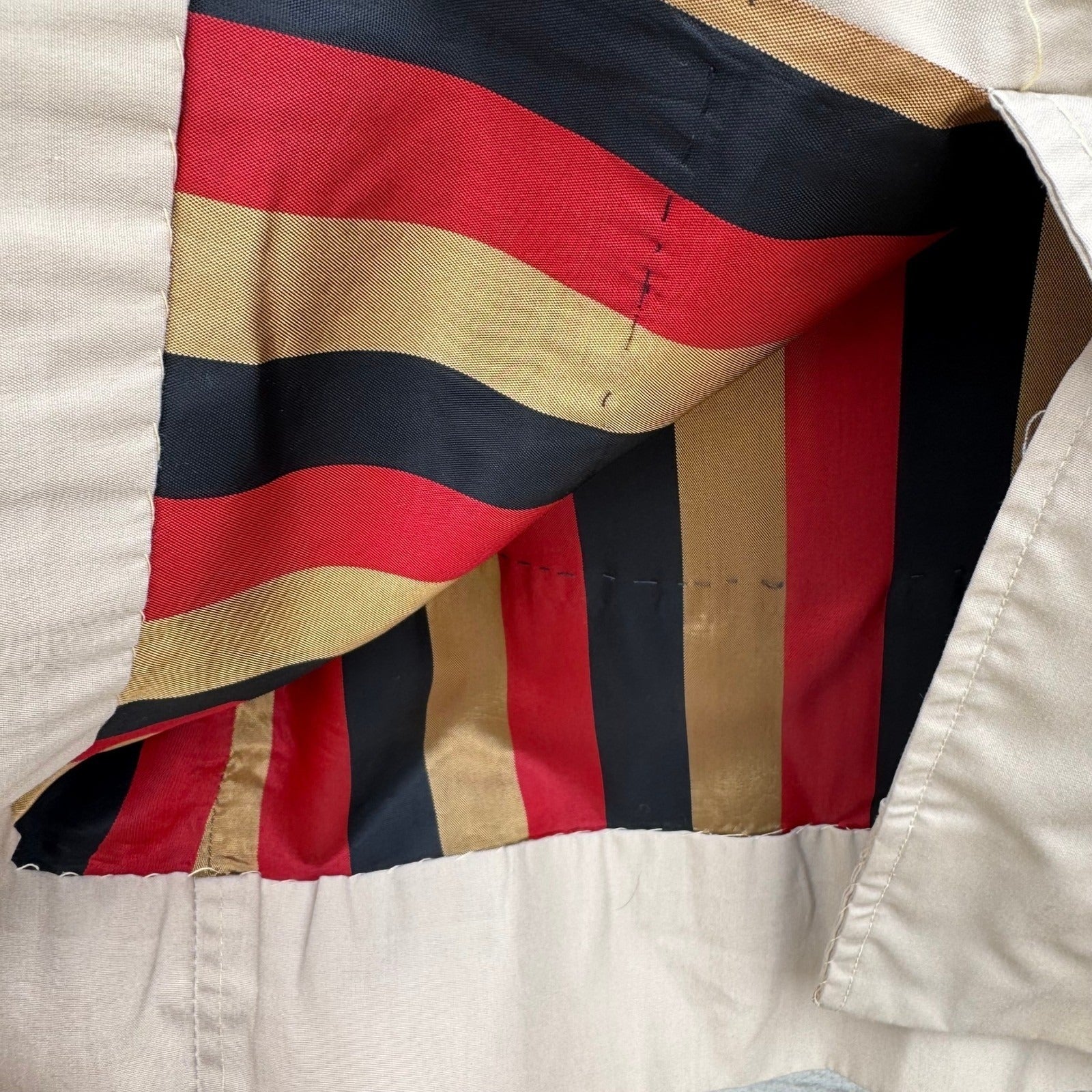 Vintage Khaki Trench Coat Mens Overcoat Hidden Button Striped Lining Mid Length