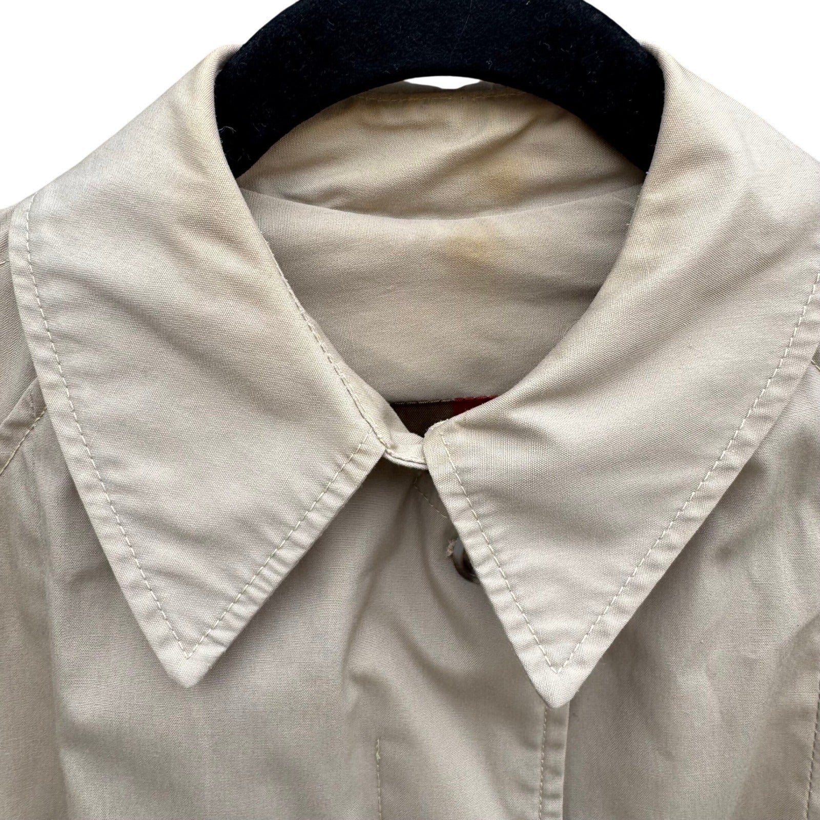 Vintage Khaki Trench Coat Mens Overcoat Hidden Button Striped Lining Mid Length