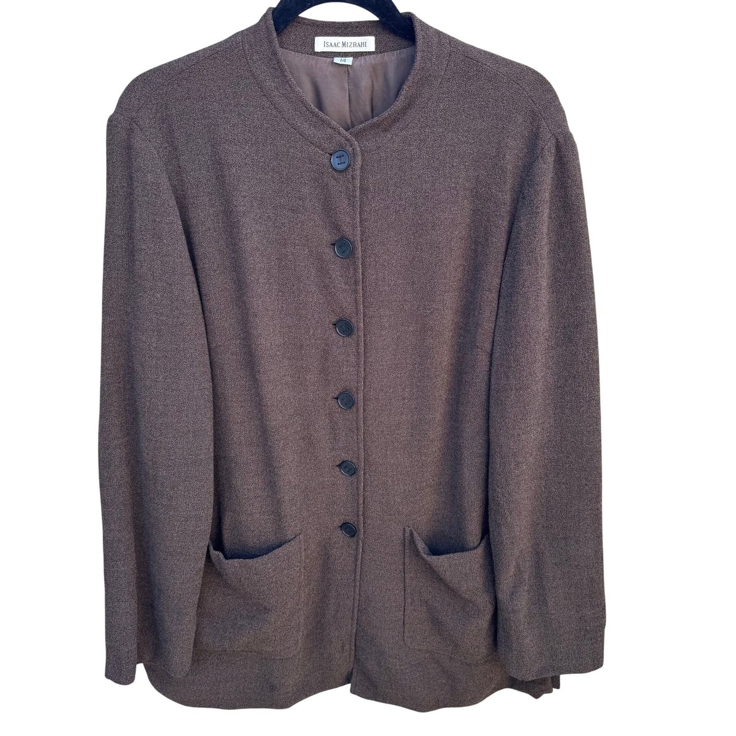 Isaac Mizrahi Brown Woven Mandarin Collar Blazer Jacket Womens 14 Vintage Style
