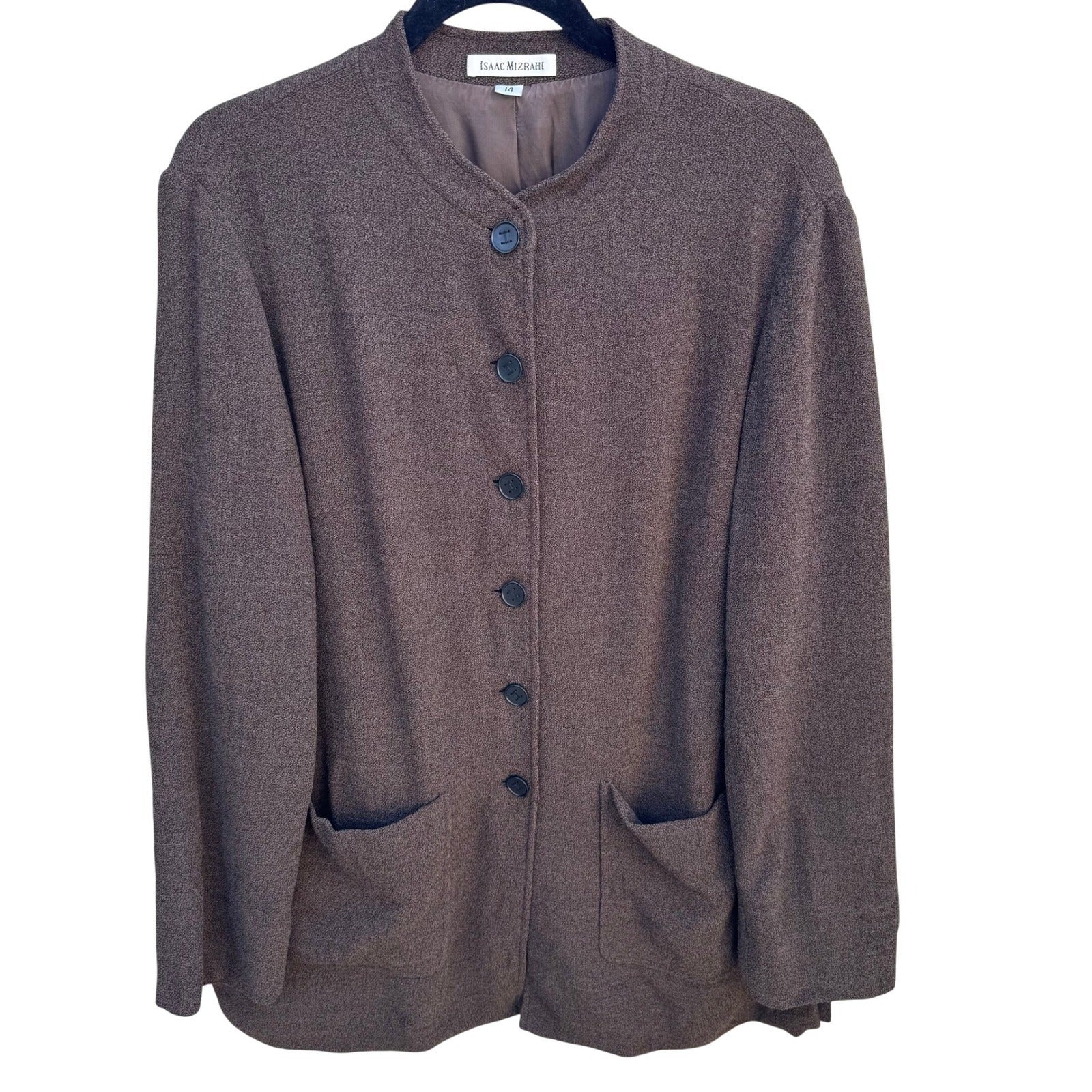 Isaac Mizrahi Brown Woven Mandarin Collar Blazer Jacket Womens 14 Vintage Style