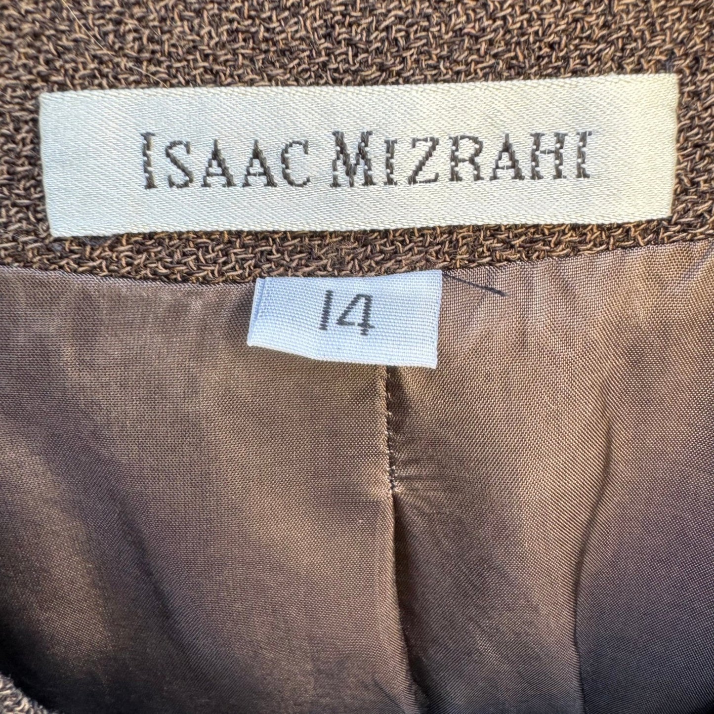 Isaac Mizrahi Brown Woven Mandarin Collar Blazer Jacket Womens 14 Vintage Style