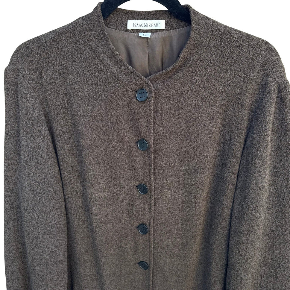 Isaac Mizrahi Brown Woven Mandarin Collar Blazer Jacket Womens 14 Vintage Style