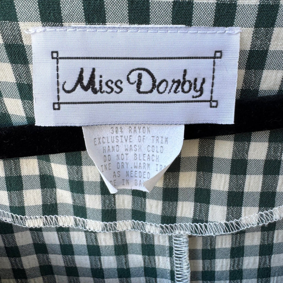 Miss Dorby Vintage Green Gingham Midi Dress Peter Pan Collar Short Sleeve Sze 16