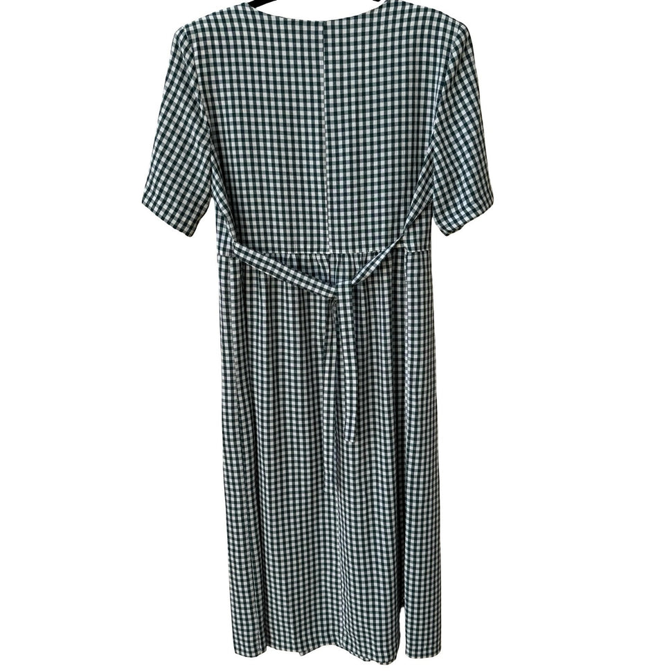Miss Dorby Vintage Green Gingham Midi Dress Peter Pan Collar Short Sleeve Sze 16
