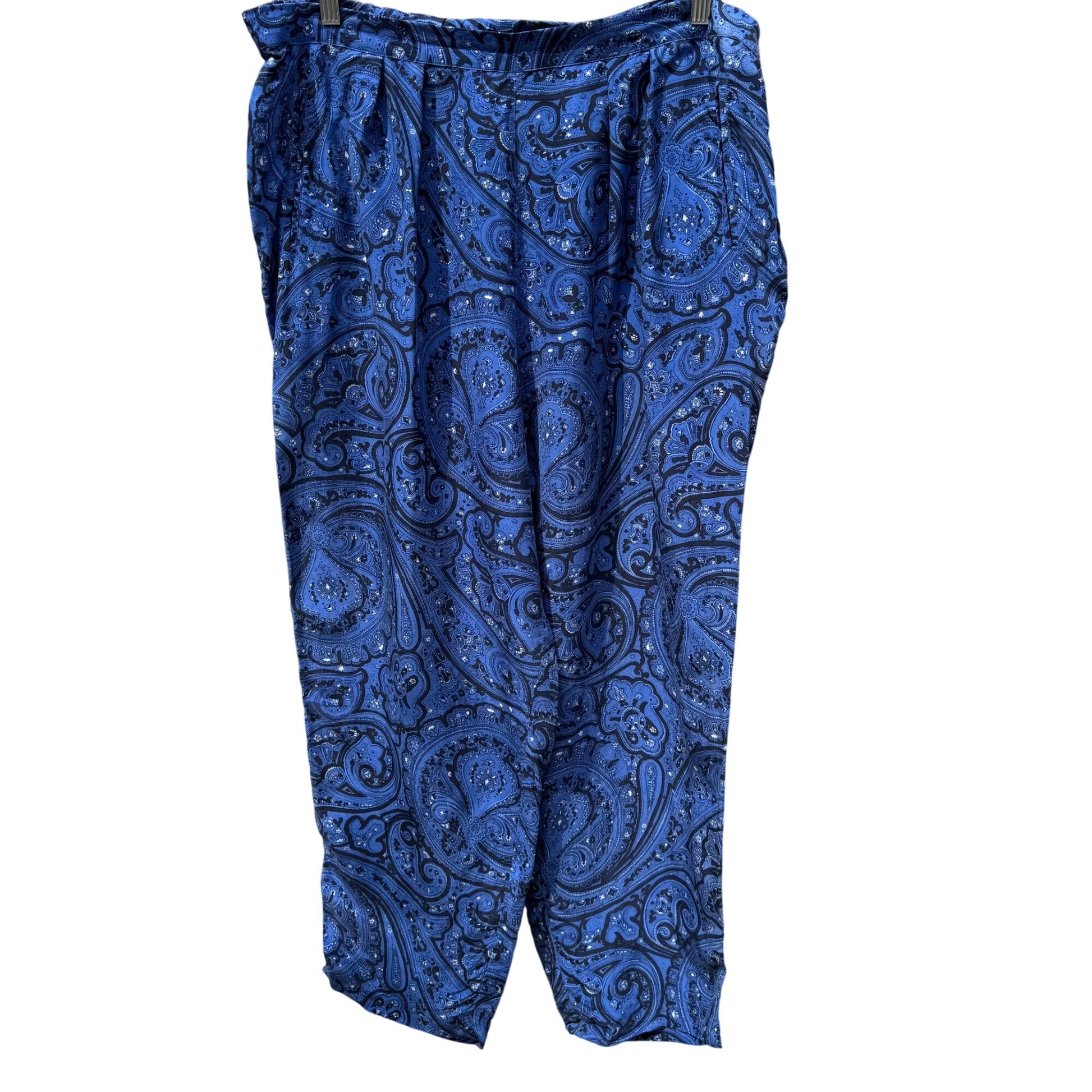 Vintage Blue Black Paisley Print Womens Elastic Waist Relaxed Fit Pleated Pants