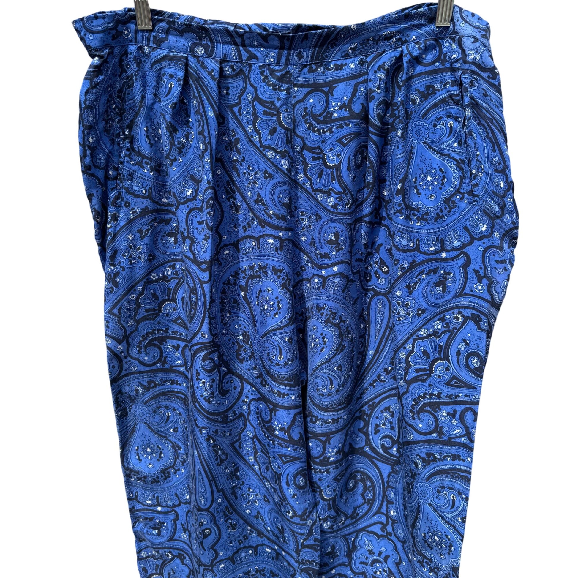 Vintage Blue Black Paisley Print Womens Elastic Waist Relaxed Fit Pleated Pants