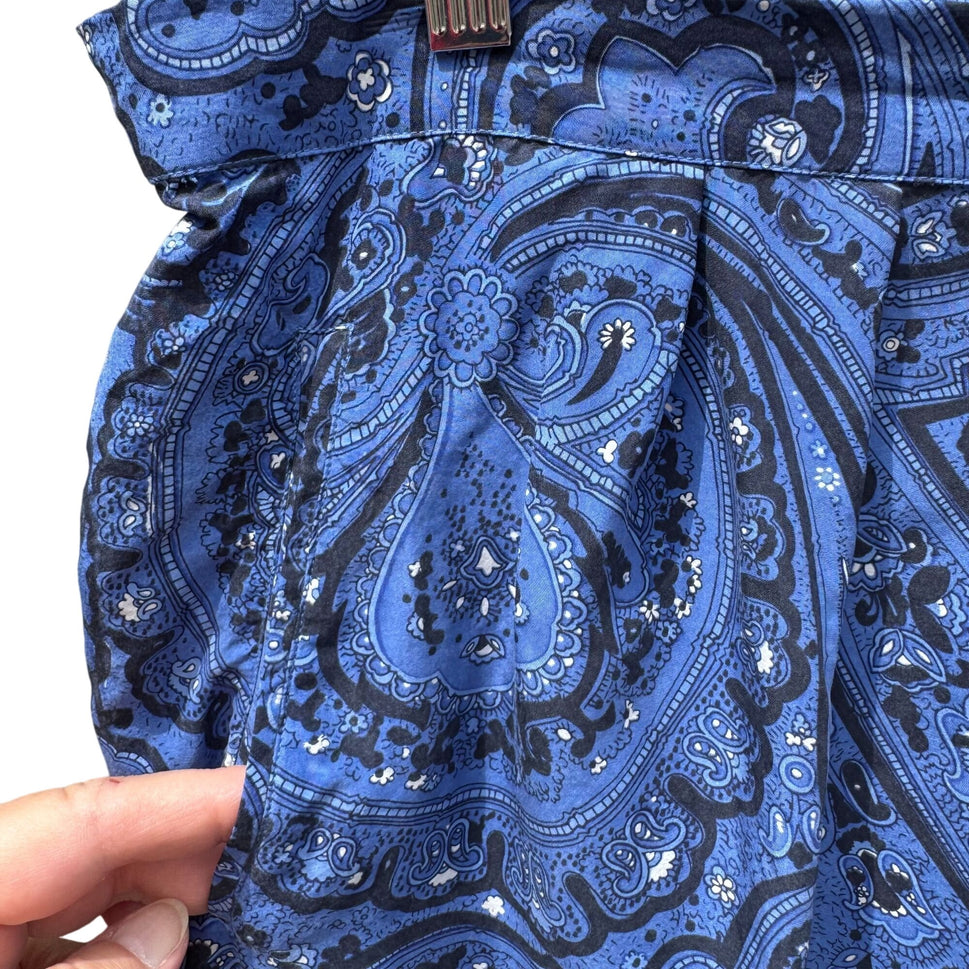 Vintage Blue Black Paisley Print Womens Elastic Waist Relaxed Fit Pleated Pants