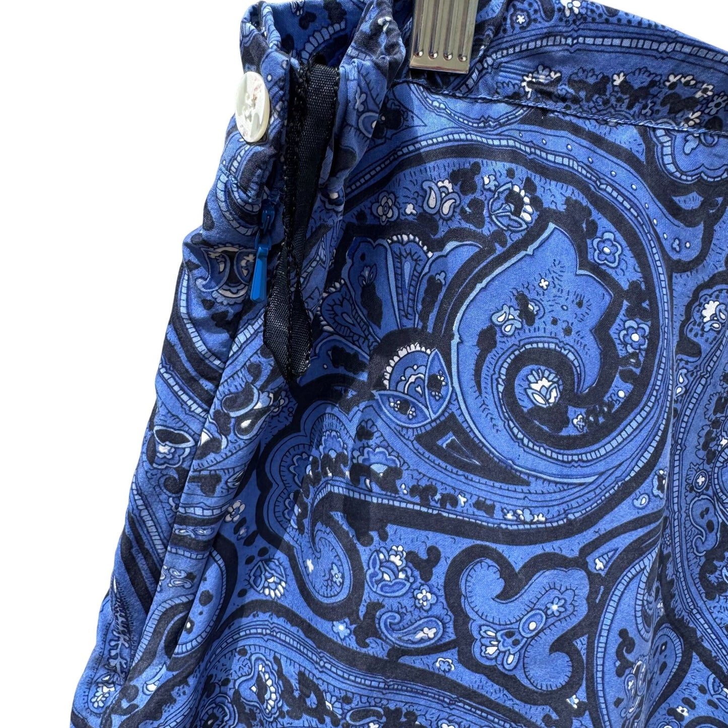 Vintage Blue Black Paisley Print Womens Elastic Waist Relaxed Fit Pleated Pants