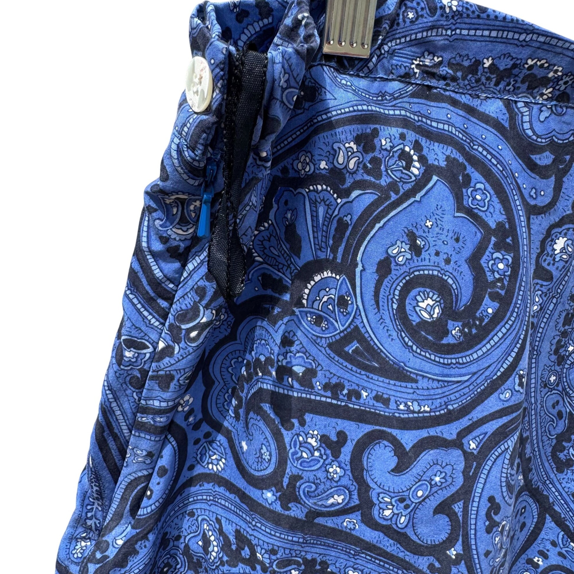 Vintage Blue Black Paisley Print Womens Elastic Waist Relaxed Fit Pleated Pants