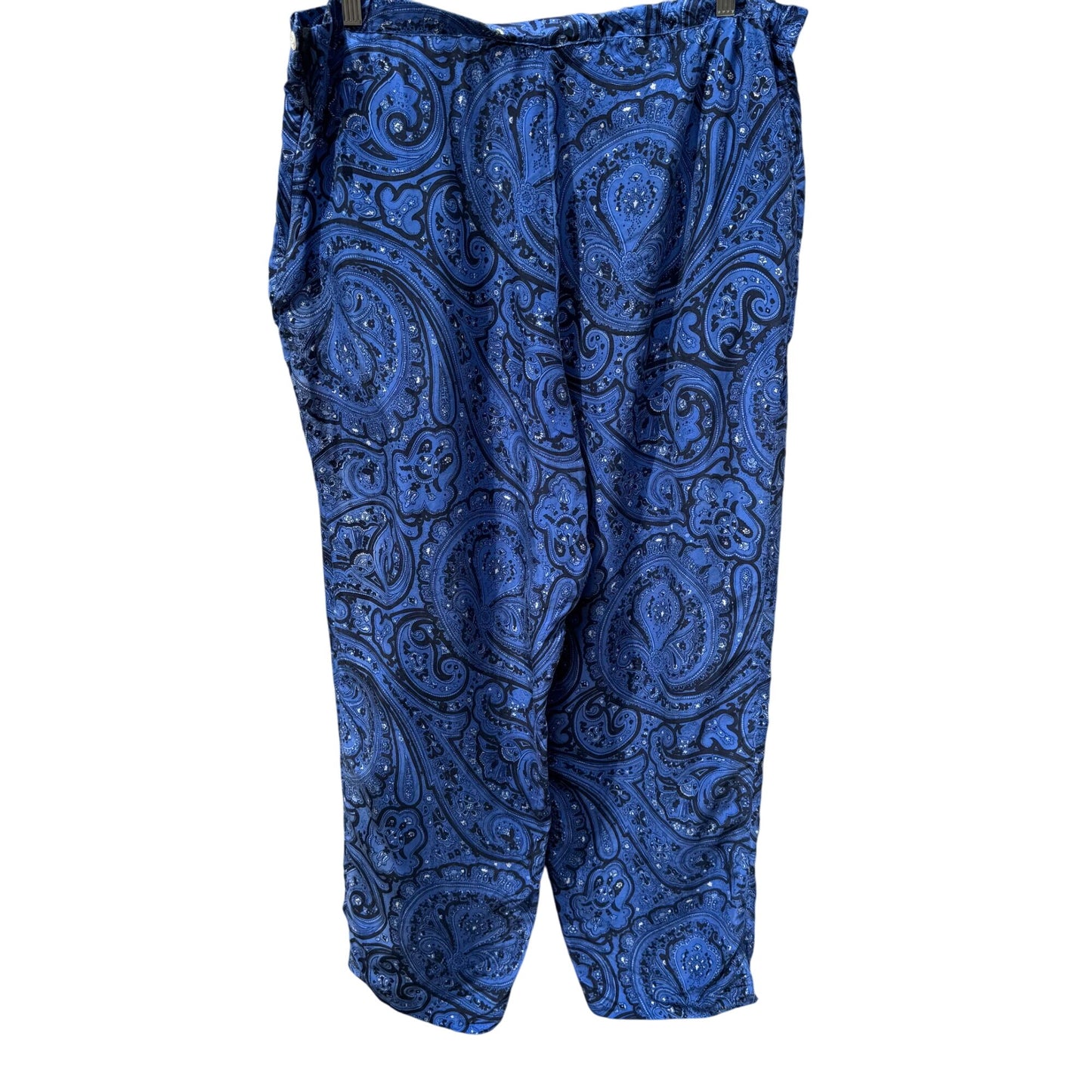 Vintage Blue Black Paisley Print Womens Elastic Waist Relaxed Fit Pleated Pants