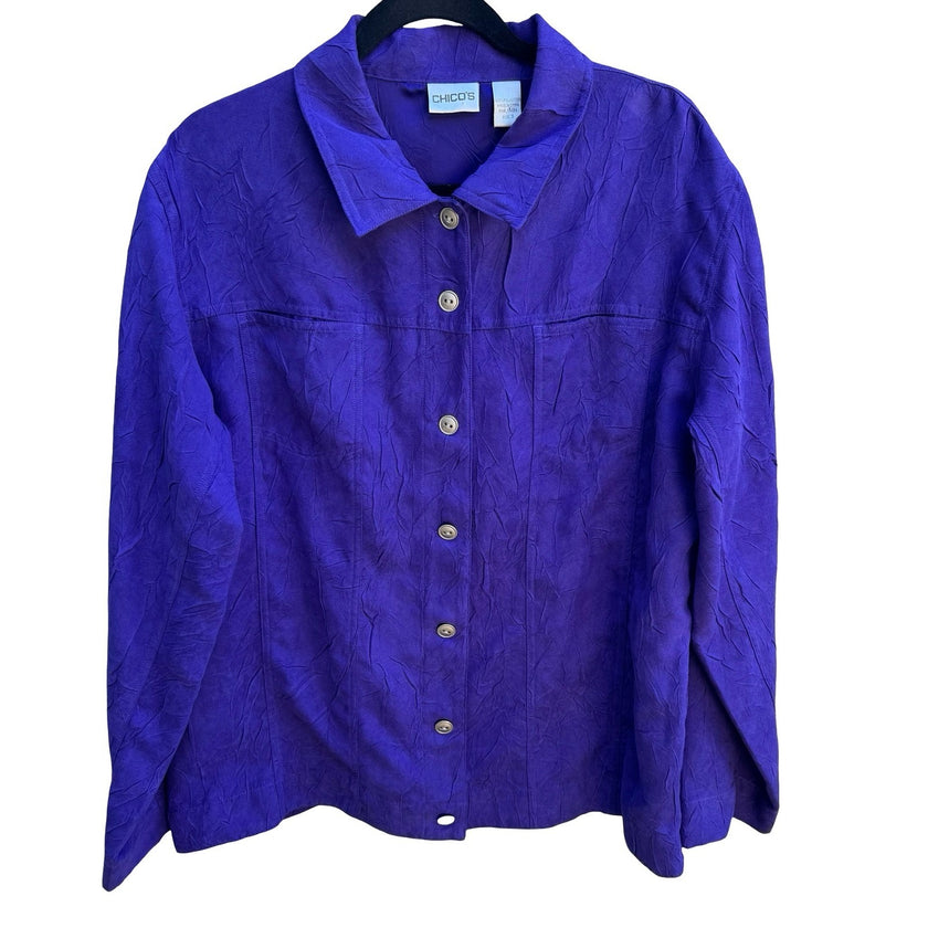 Chicos Artsy Lagenlook Professional Jewel Tone Purple Crinkle Texture Jacket XL