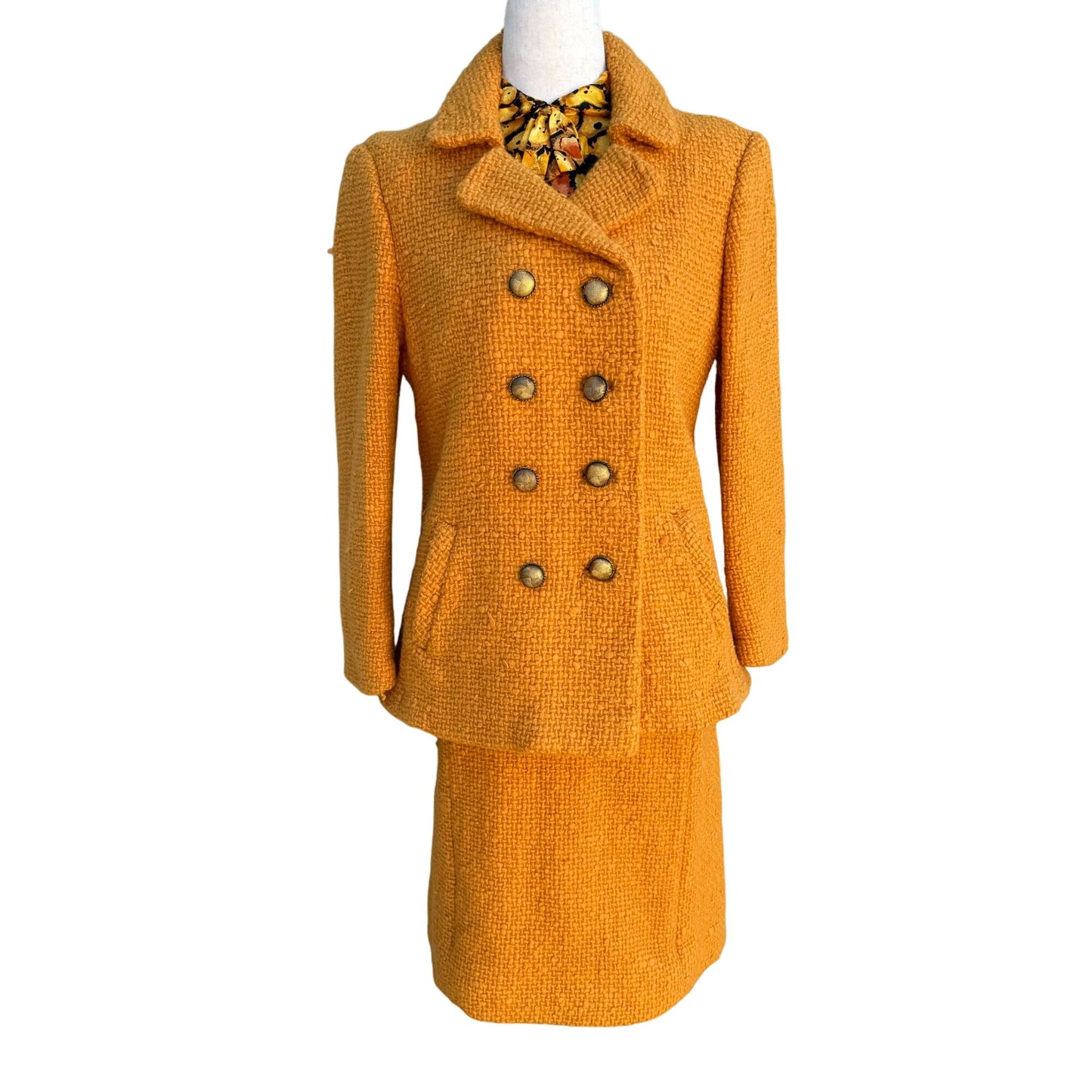 Eres Couture Vintage 50s 60s Womens Boucle Yellow Black Print Top Skirt Blazer