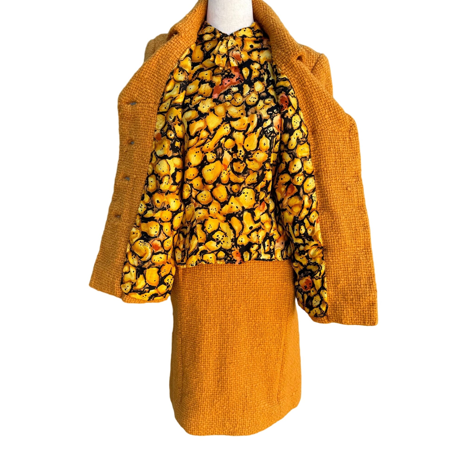 Eres Couture Vintage 50s 60s Womens Boucle Yellow Black Print Top Skirt Blazer