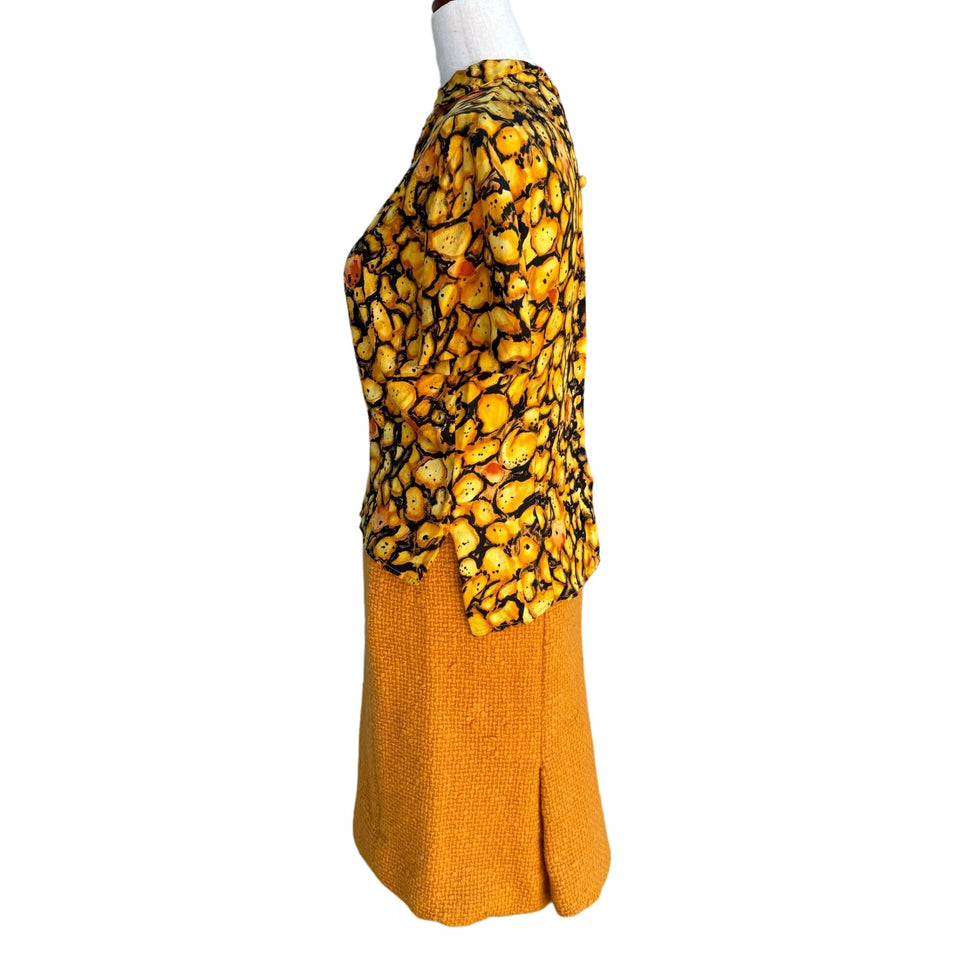 Eres Couture Vintage 50s 60s Womens Boucle Yellow Black Print Top Skirt Blazer