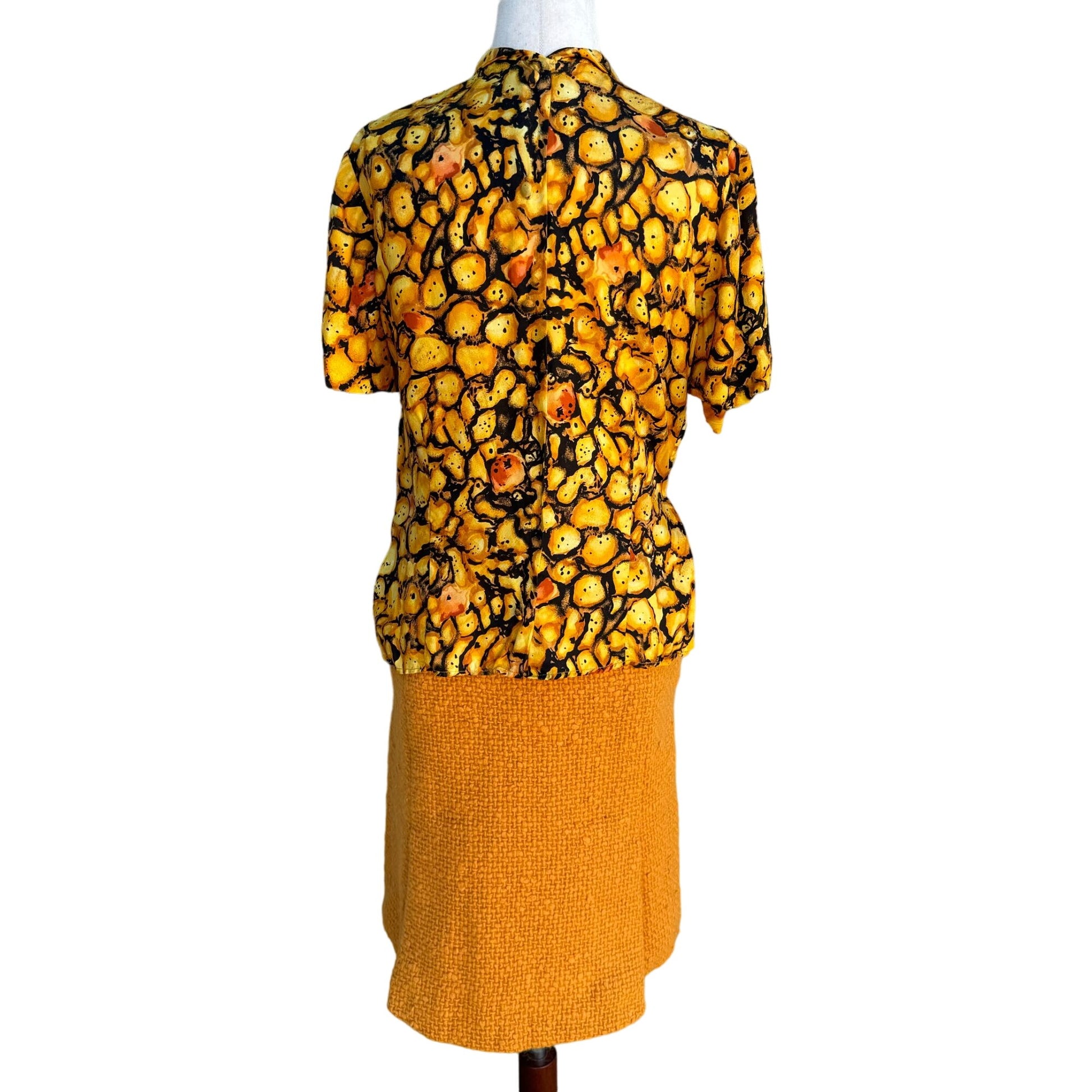 Eres Couture Vintage 50s 60s Womens Boucle Yellow Black Print Top Skirt Blazer