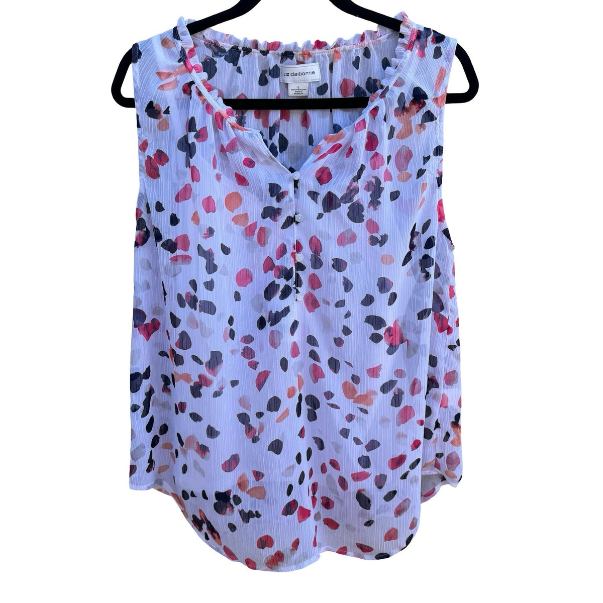 Liz Claiborne Feminine Sleeveless Ruffle Neck Abstract Petal Print Blouse L