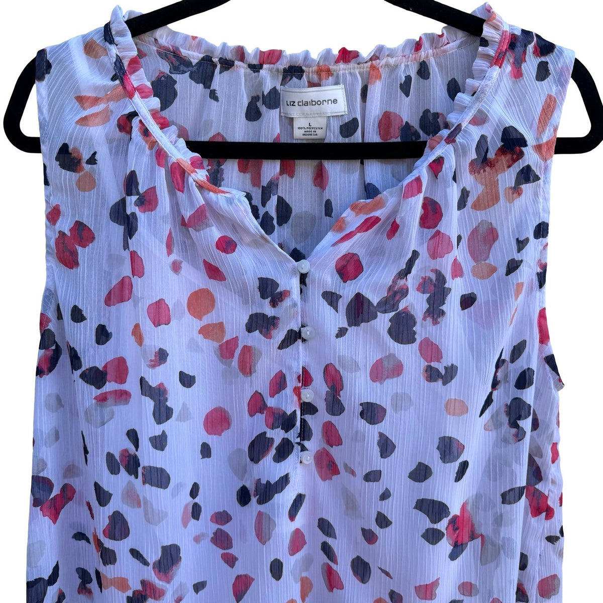 Liz Claiborne Feminine Sleeveless Ruffle Neck Abstract Petal Print Blouse L