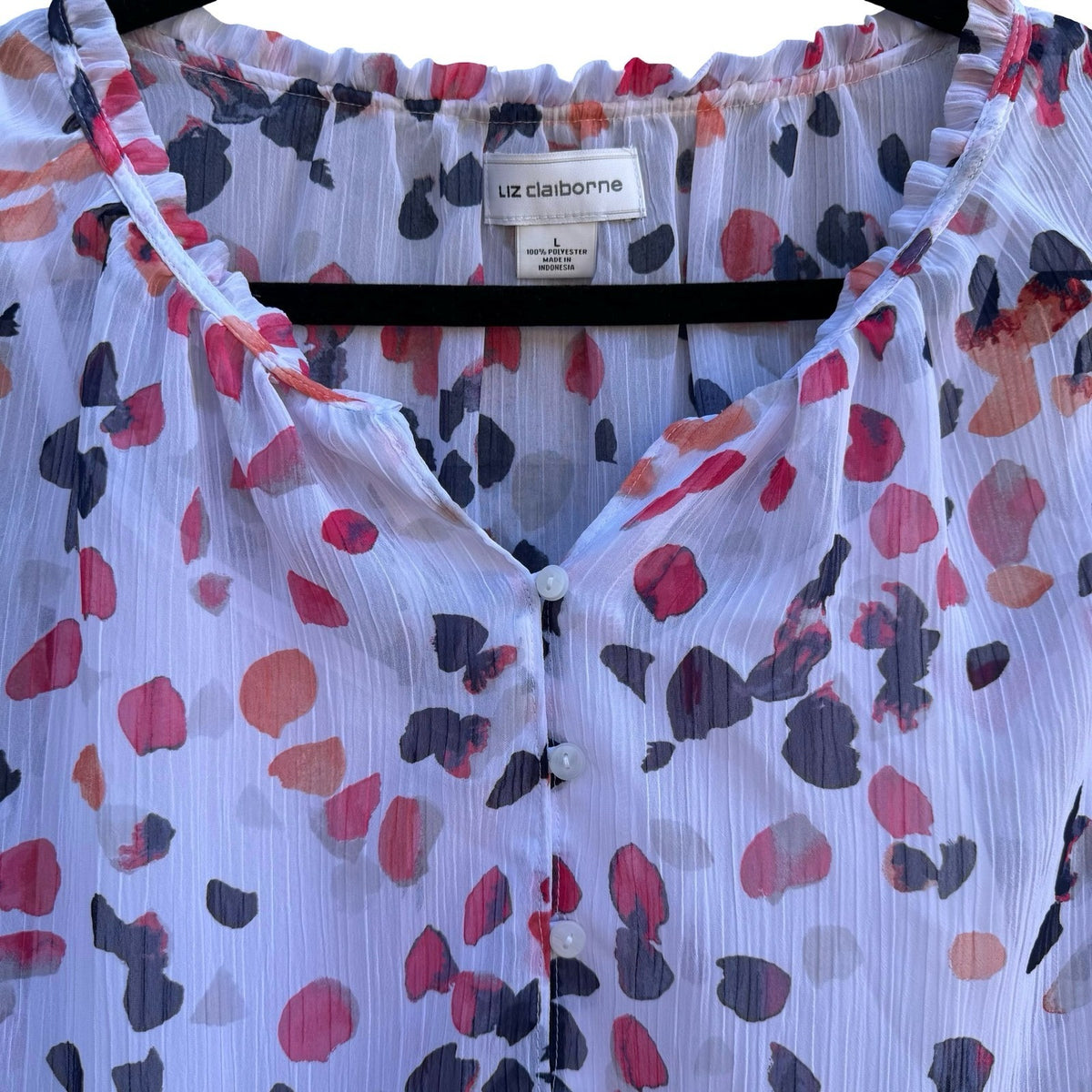 Liz Claiborne Feminine Sleeveless Ruffle Neck Abstract Petal Print Blouse L