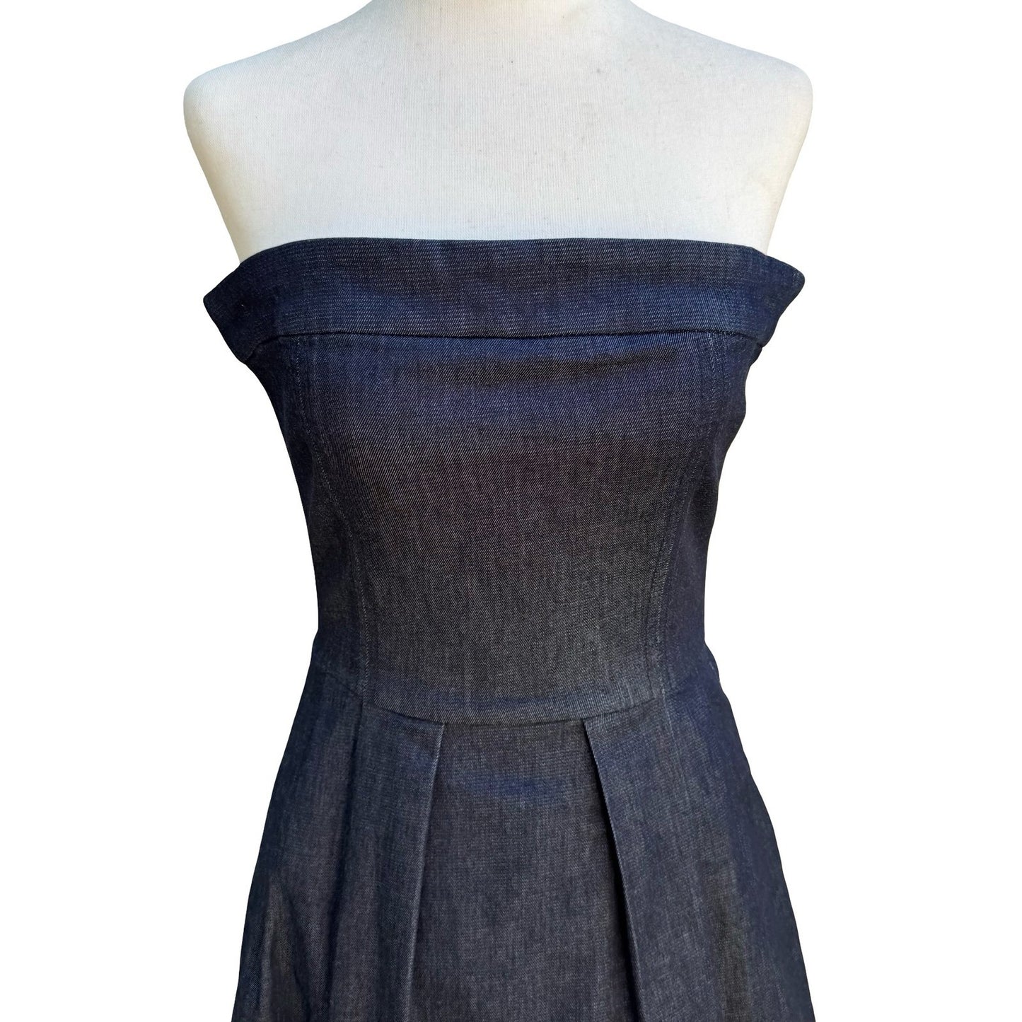 Zara Denim Couture Preppy Minimalist Strapless Fit Flare Midi Dress Dark Wash XS