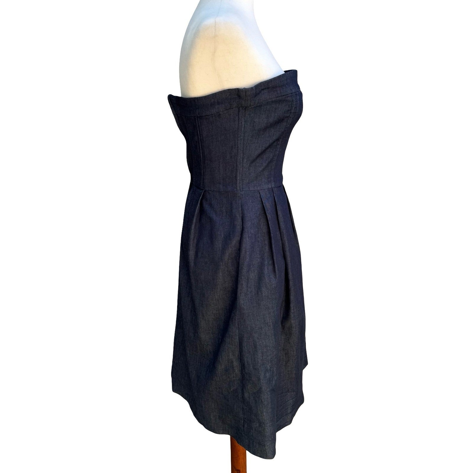 Zara Denim Couture Preppy Minimalist Strapless Fit Flare Midi Dress Dark Wash XS