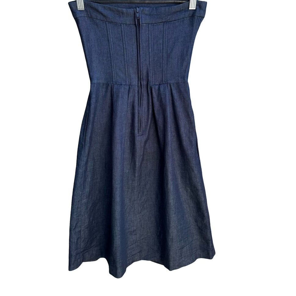 Zara Denim Couture Preppy Minimalist Strapless Fit Flare Midi Dress Dark Wash XS