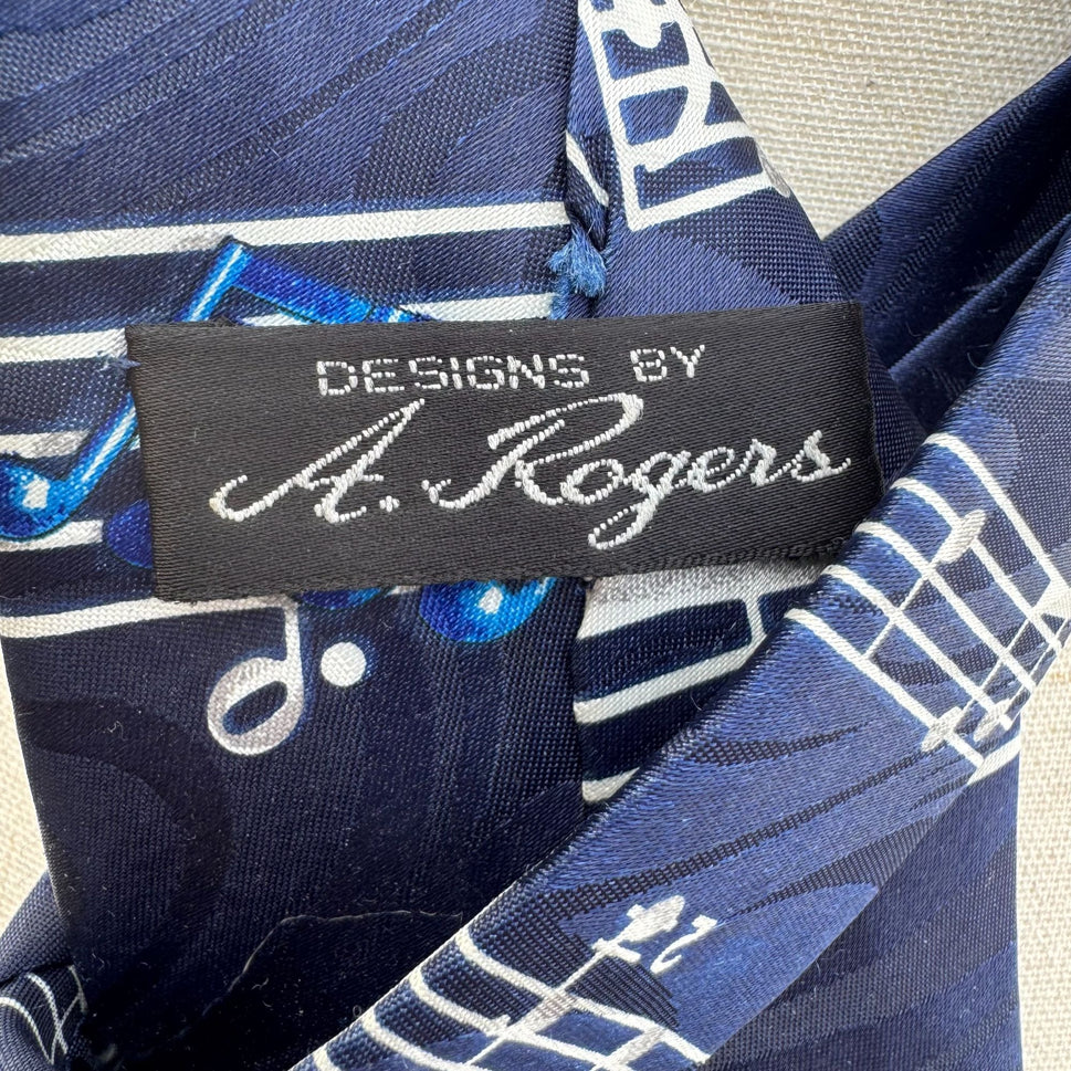 A Rogers Musical Notes Vintage Blue Silk Tie Executive Ties Designer Silk House