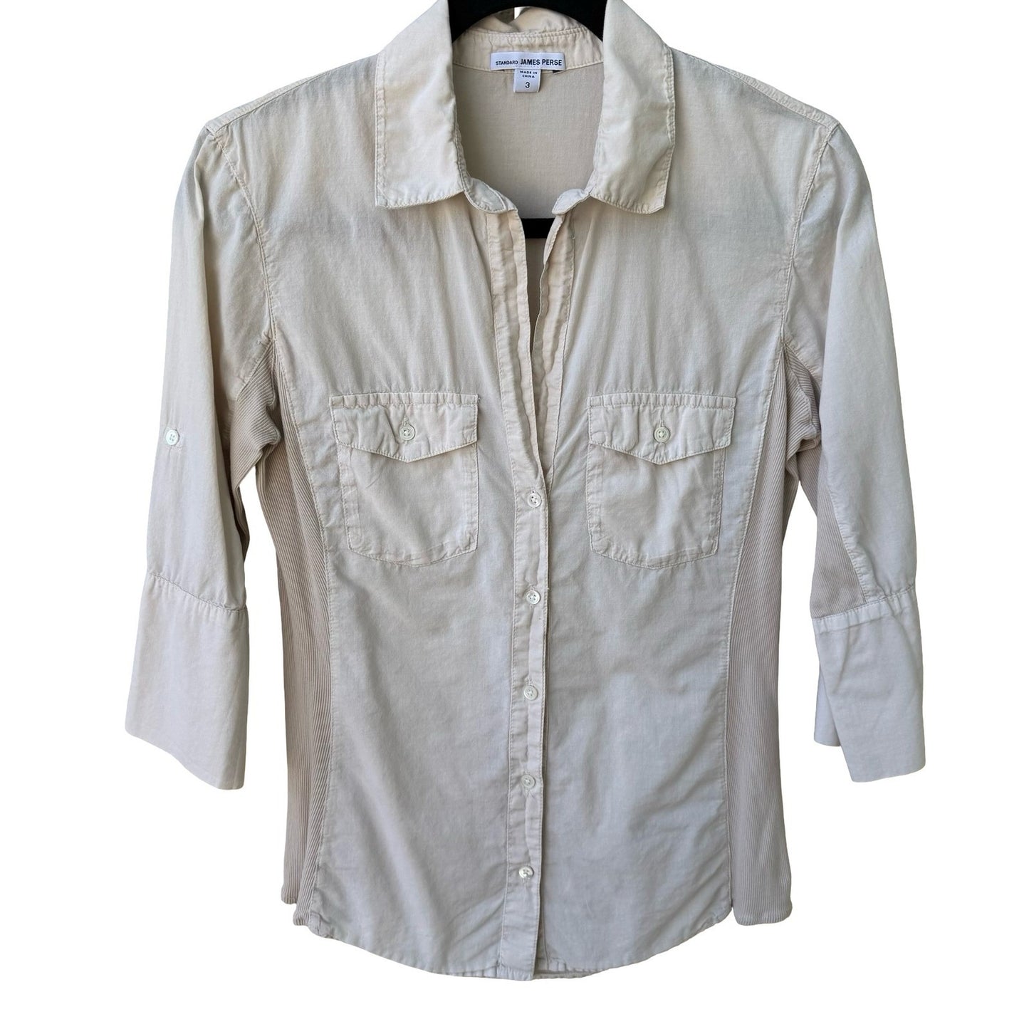 James Perse Minimalist Cotton Neutral Coastal Shirt Ribbed Panels Tan Womens 3