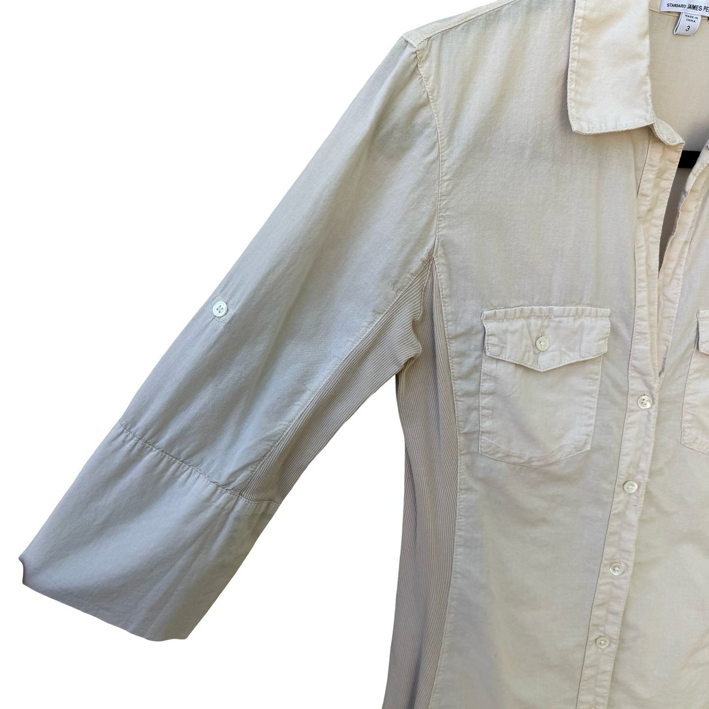 James Perse Minimalist Cotton Neutral Coastal Shirt Ribbed Panels Tan Womens 3