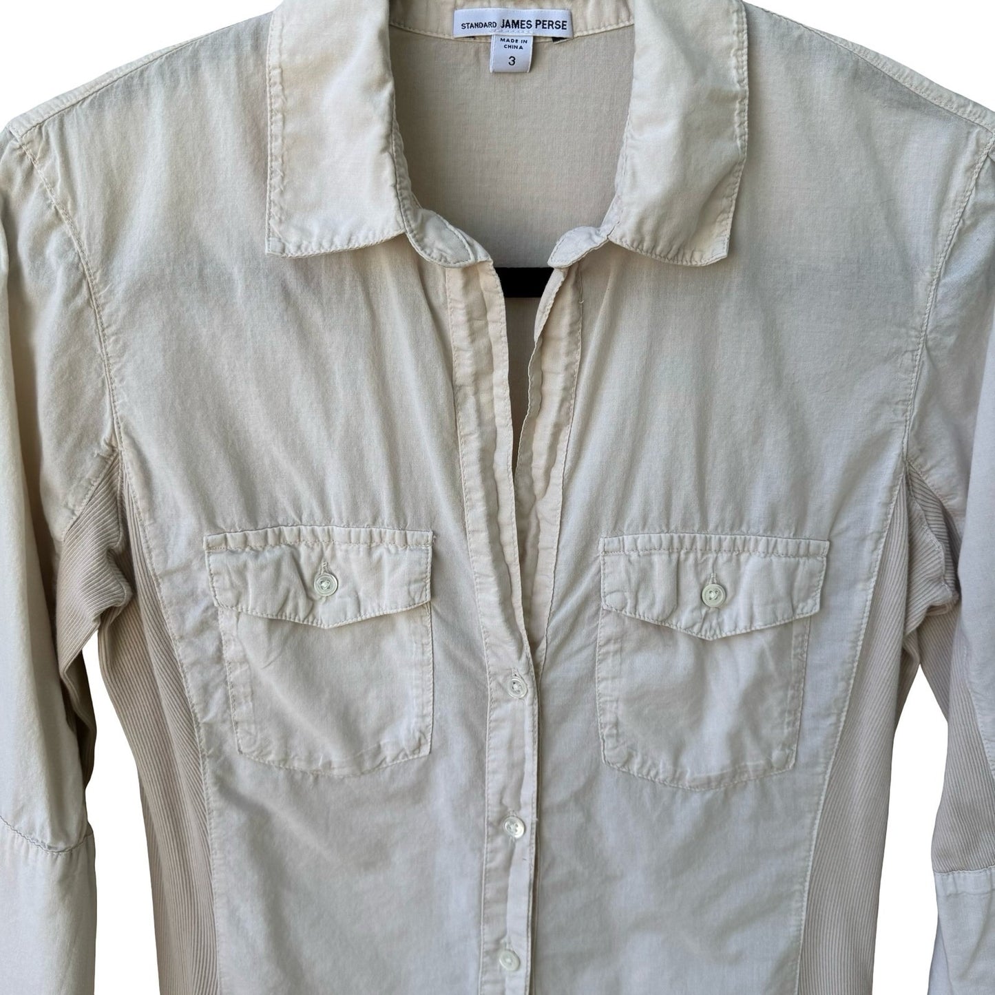 James Perse Minimalist Cotton Neutral Coastal Shirt Ribbed Panels Tan Womens 3