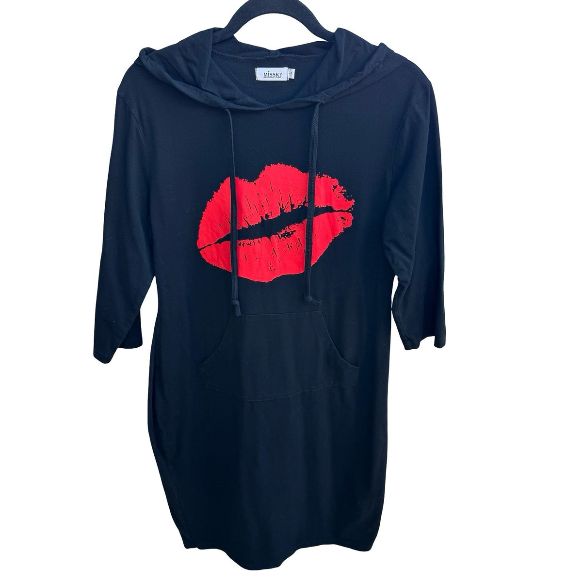 Missky Y2K Red Lips Edgy Rocker Grunge Alt Graphic Hooded Shirt Dress Black L