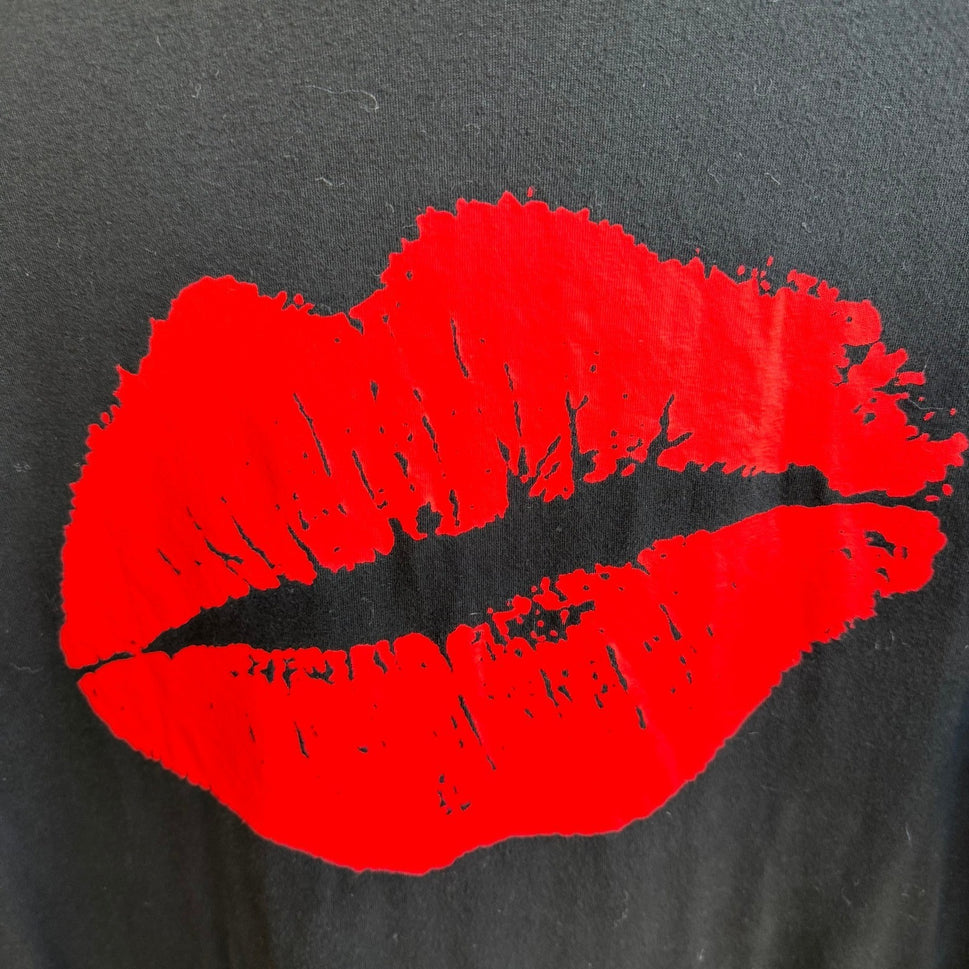 Missky Y2K Red Lips Edgy Rocker Grunge Alt Graphic Hooded Shirt Dress Black L